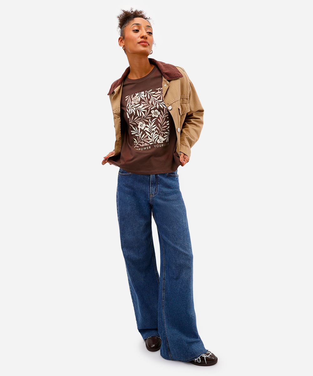 camiseta feminina de algodão estampada floral marrom