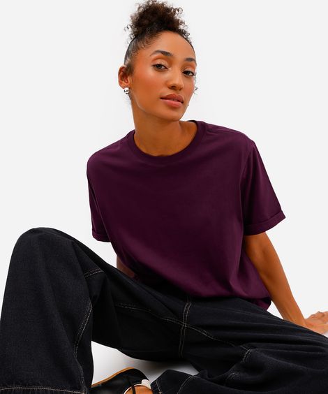camiseta básica feminina de algodão manga curta roxa