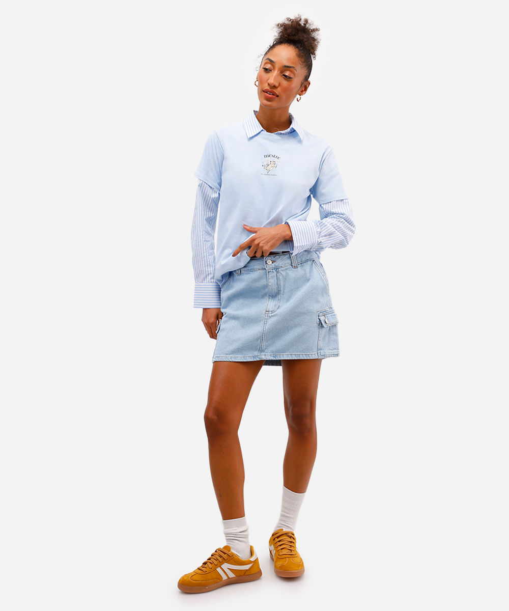 minissaia cargo feminina jeans  - jeans claro