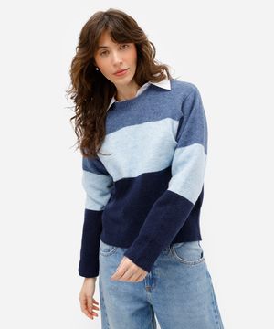 suéter feminino de tricot com lã listrado azul