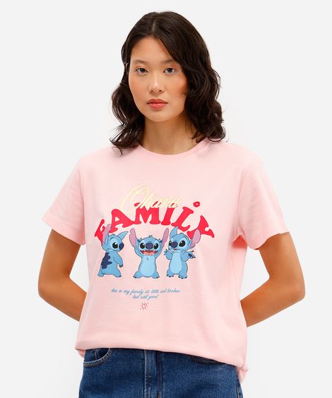 camiseta feminina manga curta stitch  - rosa claro