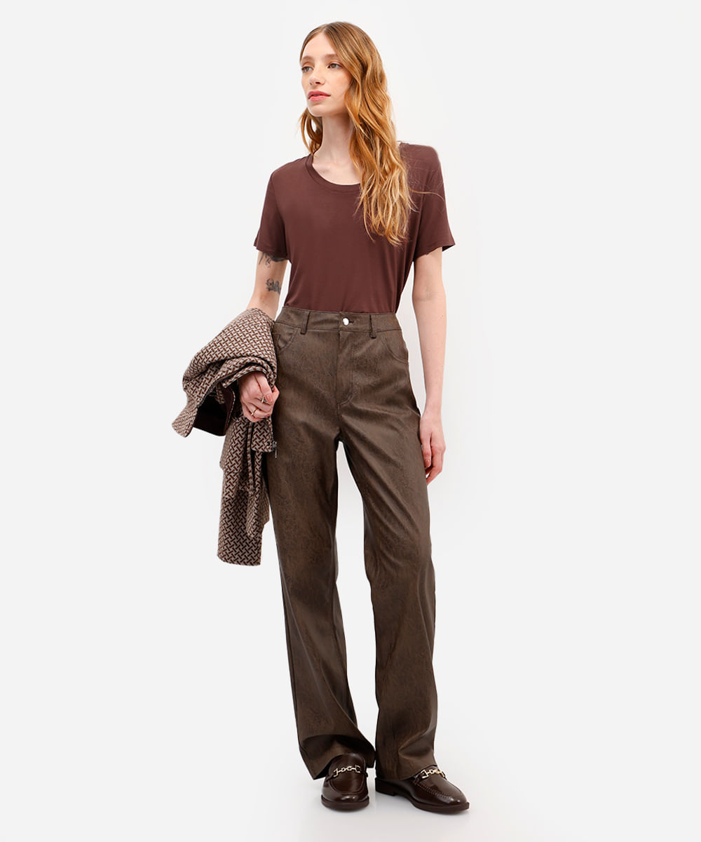 blusa básica manga curta verde militar - marrom