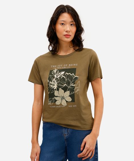 camiseta feminina de algodão floral metalizada verde
