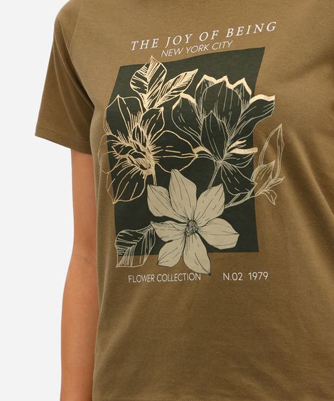 camiseta feminina de algodão floral metalizada verde