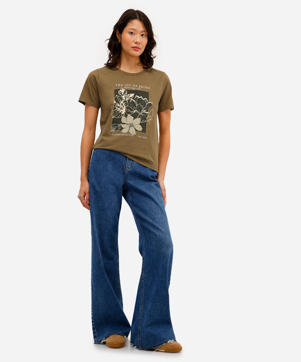 camiseta feminina de algodão floral metalizada verde