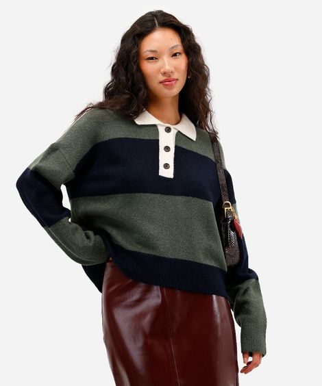suéter feminino de tricot com gola manga longa listrado verde