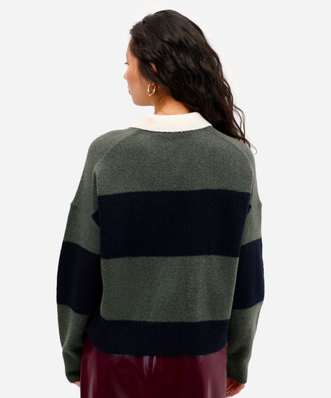 suéter feminino de tricot com gola manga longa listrado verde