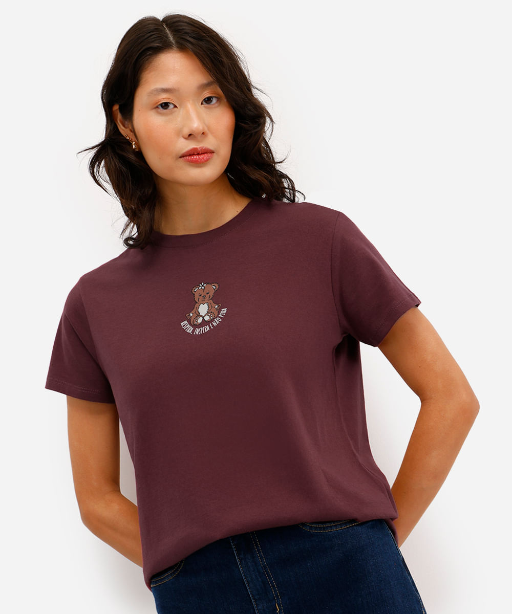 camiseta de algodão urso respira manga curta  azul claro - vinho