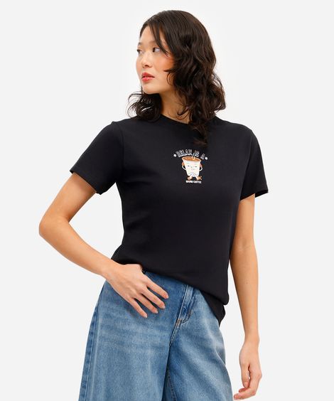 camiseta feminina de algodão estampada preta