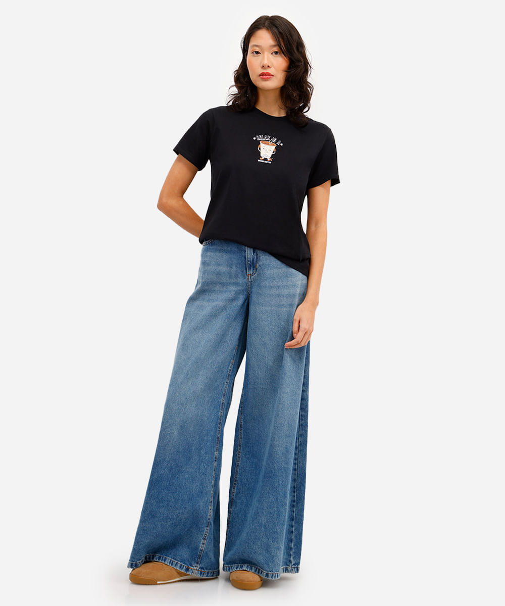 camiseta feminina de algodão estampada preta