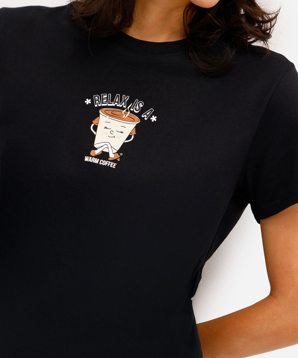 camiseta feminina de algodão estampada preta