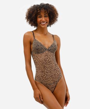 body feminino de tule animal print bege