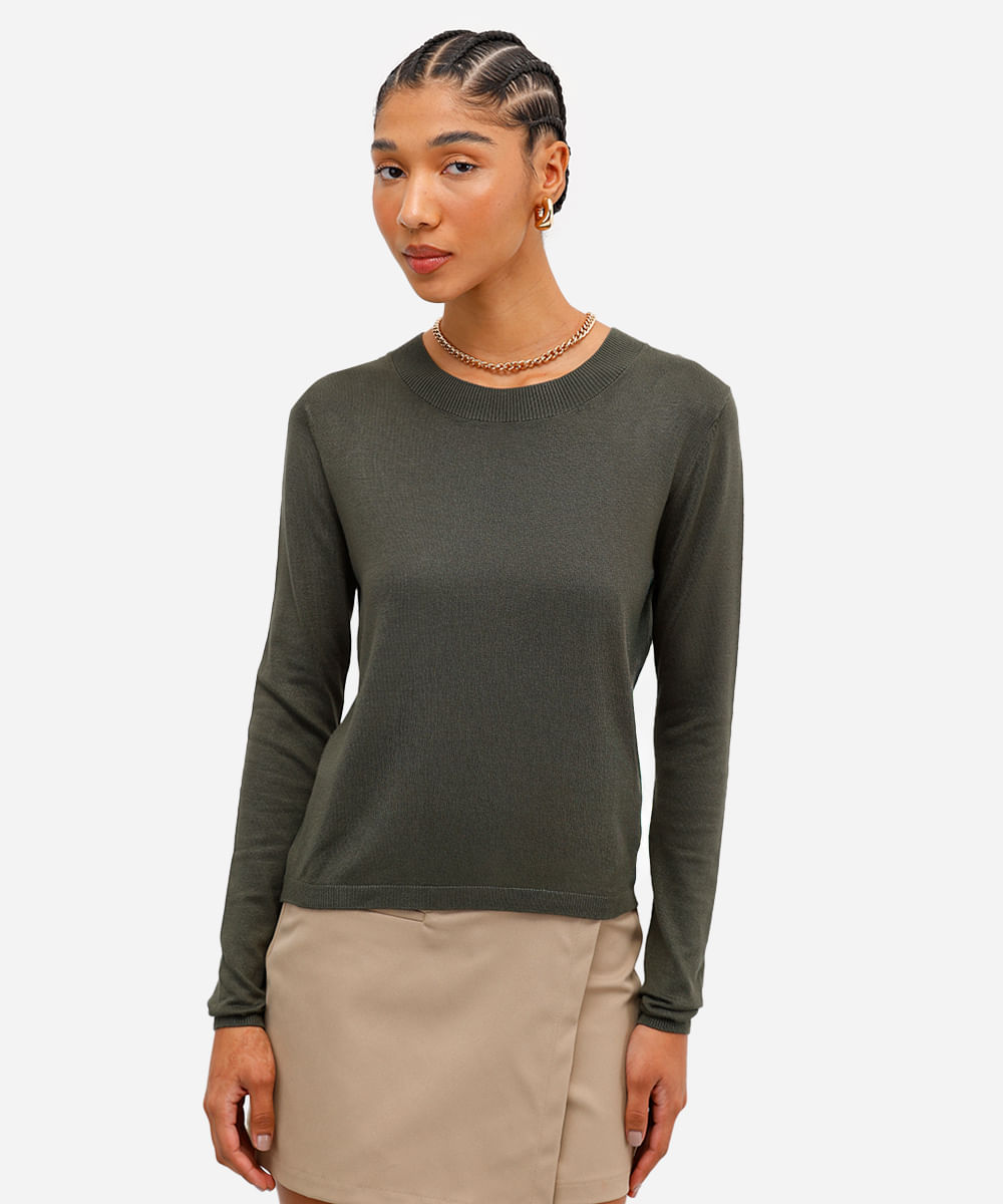 blusa básica feminina de tricot manga longa verde
