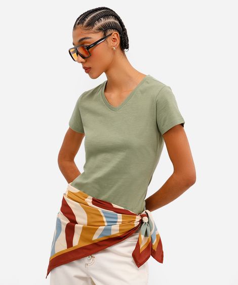 camiseta flamê de algodão básica manga curta decote v verde