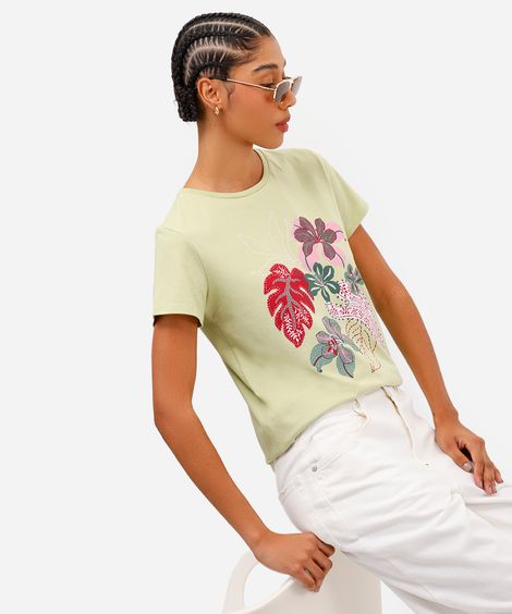 camiseta feminina de algodão floral verde