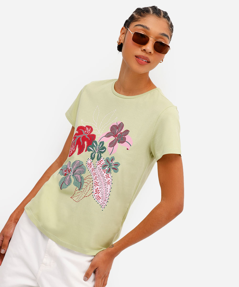 camiseta feminina de algodão floral verde
