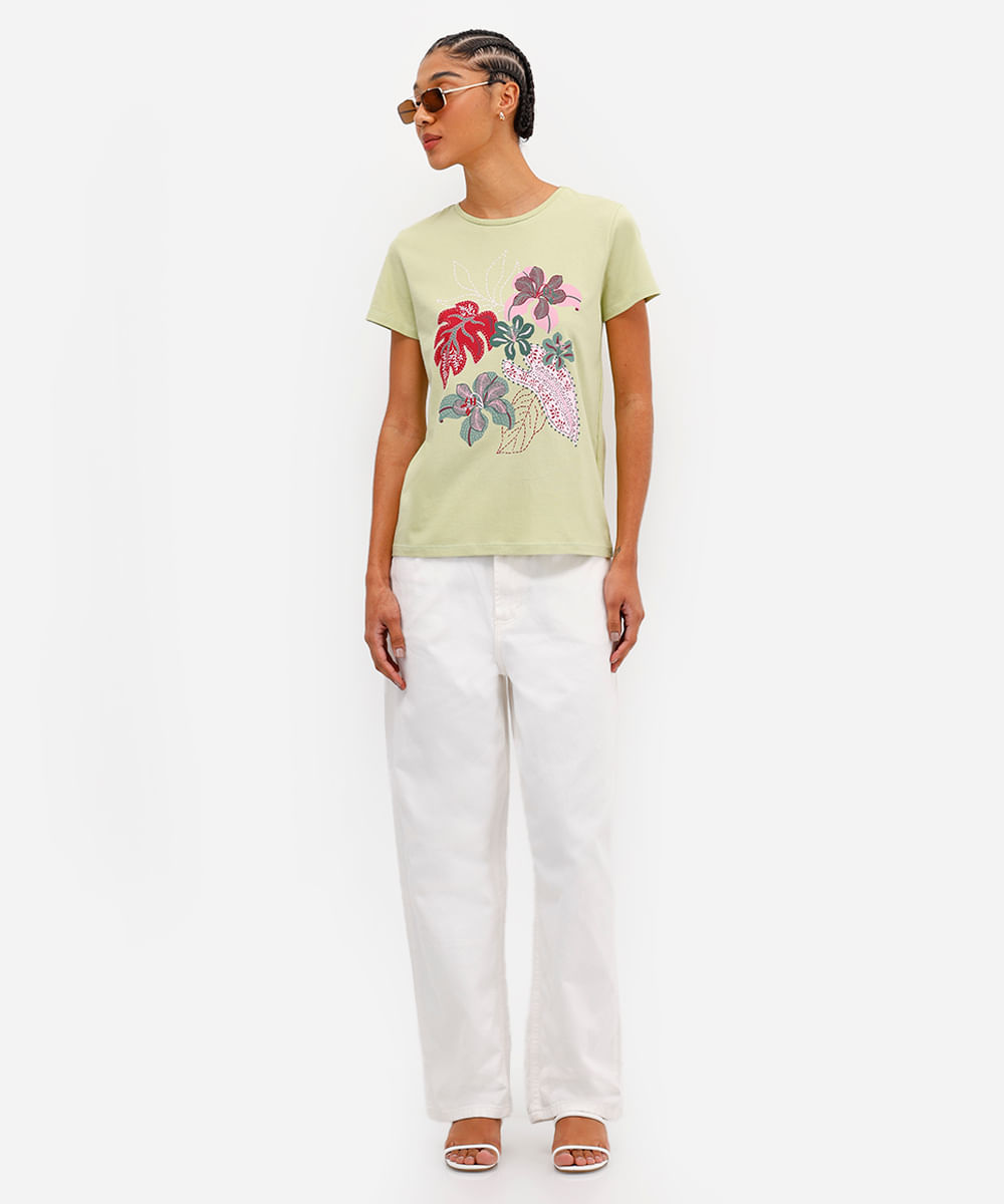 camiseta feminina de algodão floral verde