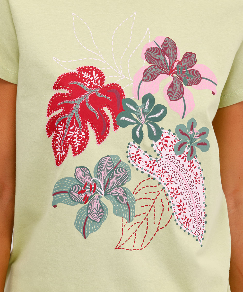 camiseta feminina de algodão floral verde