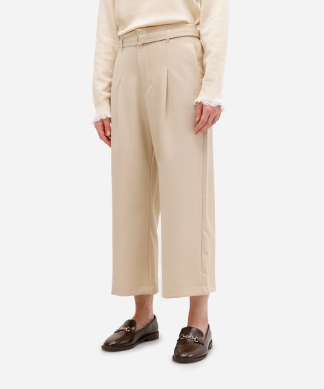 calça feminina de alfaiataria cropped com cinto bege
