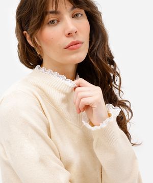 suéter feminino de tricot com renda  - creme
