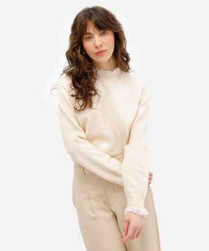 suéter feminino de tricot com renda  - creme