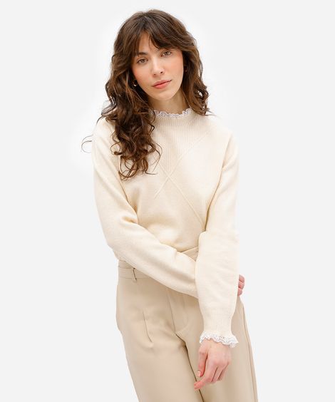 suéter feminino de tricot com renda  - creme