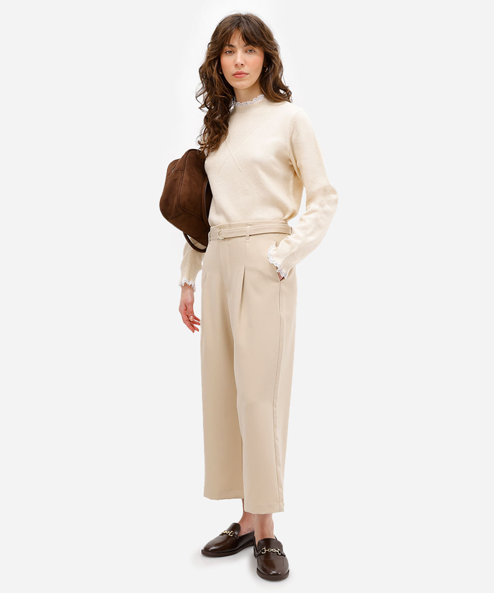 suéter feminino de tricot com renda  - creme