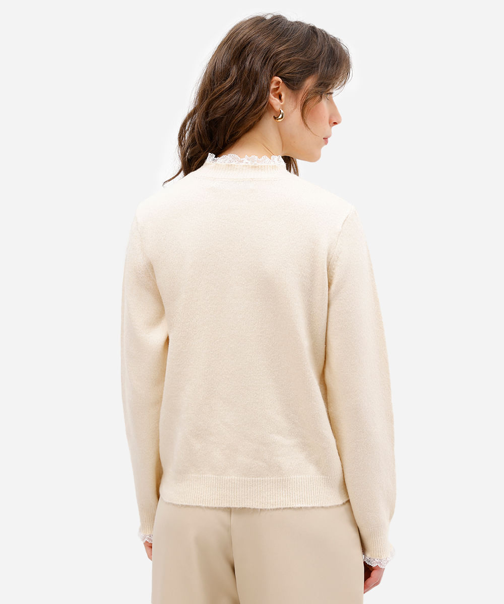suéter feminino de tricot com renda  - creme