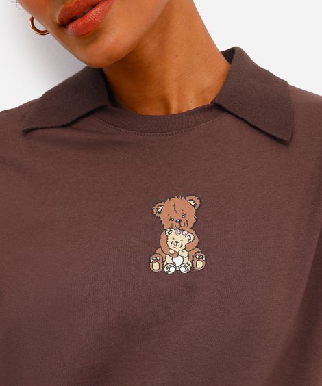camiseta feminina de algodão ursinhos marrom
