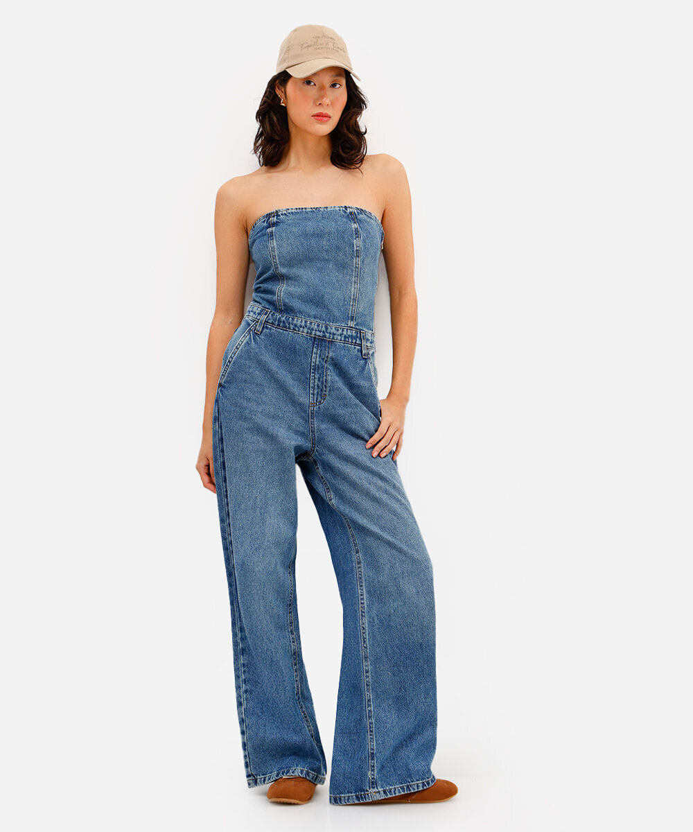 macacão feminino jeans sem alça azul