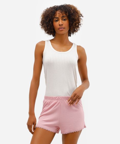 short de pijama canelado com renda rosa