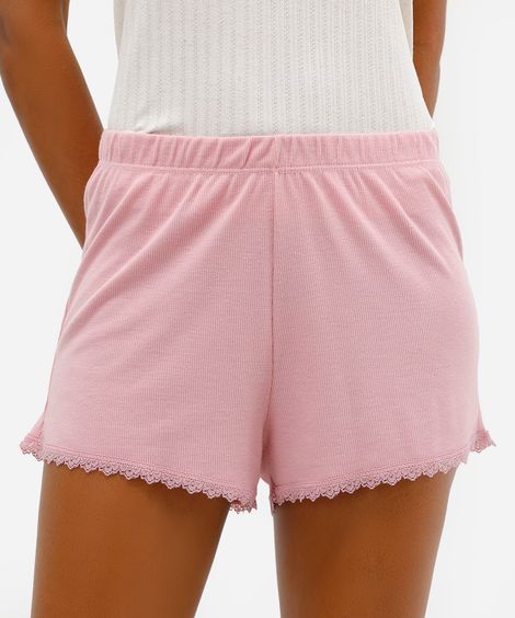 short de pijama canelado com renda rosa