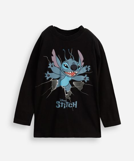 camiseta infantil de algodão stitch preta