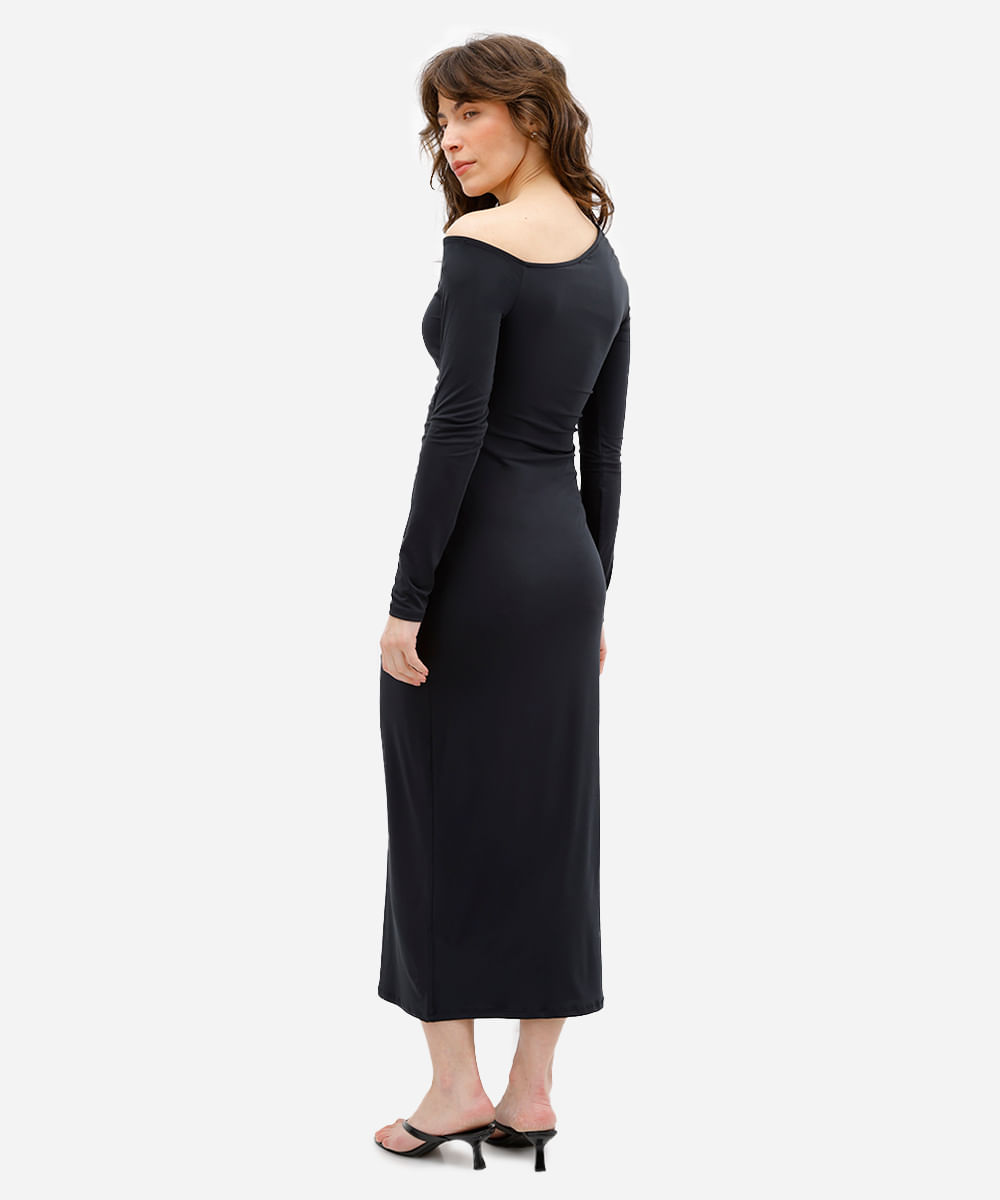 vestido midi feminino ombro a ombro franzido preto