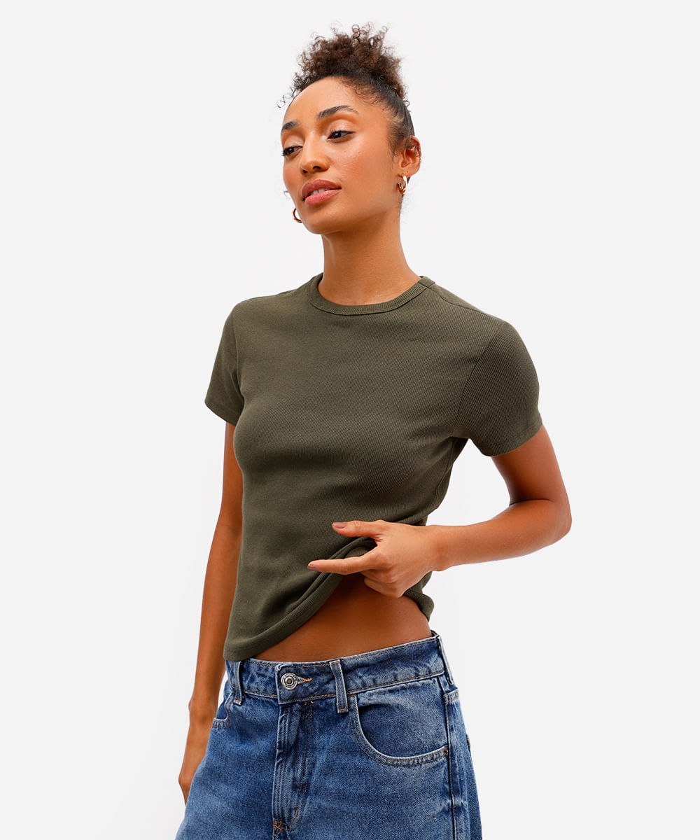 blusa feminina de algodão canelada manga curta verde