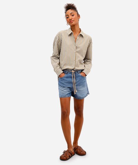 short mom feminino jeans com cordão azul