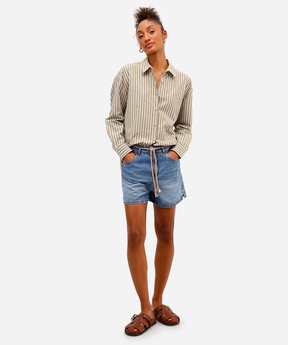 short mom feminino jeans com cordão azul