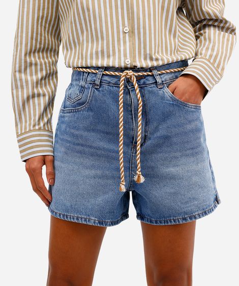 short mom feminino jeans com cordão azul