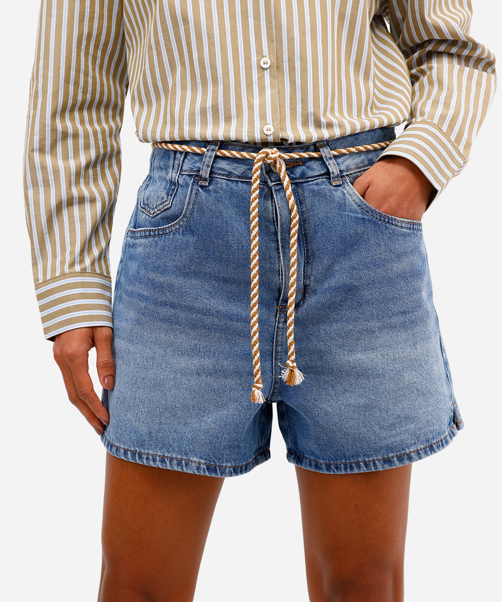short mom feminino jeans com cordão azul