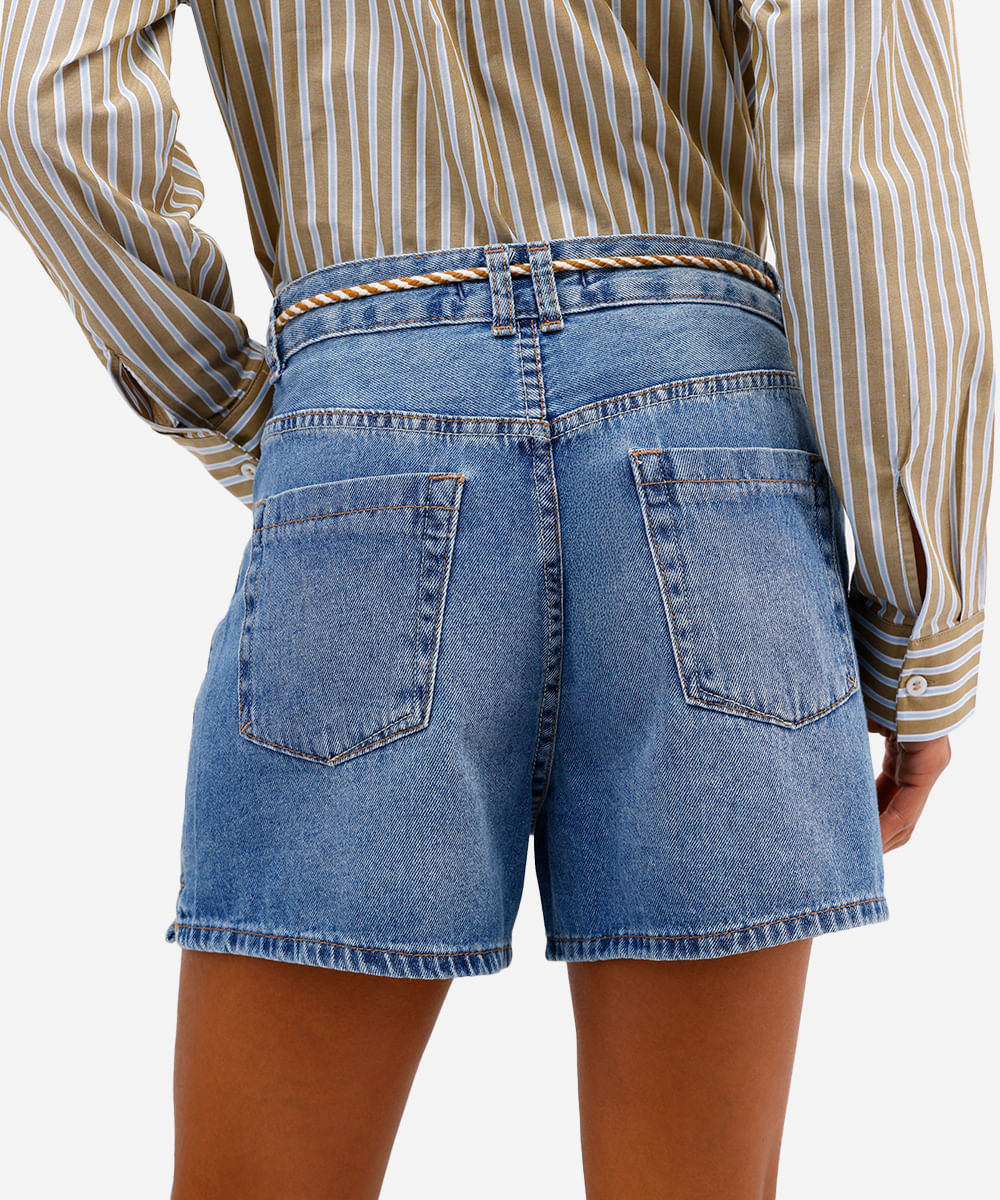 short mom feminino jeans com cordão azul