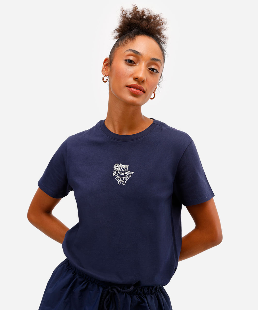 camiseta feminina de algodão gatinha tenista azul