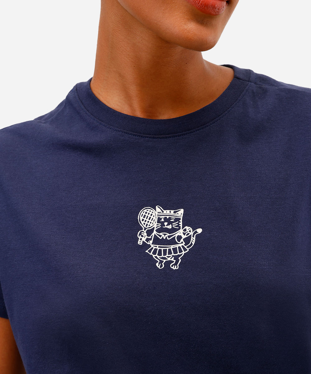 camiseta feminina de algodão gatinha tenista azul
