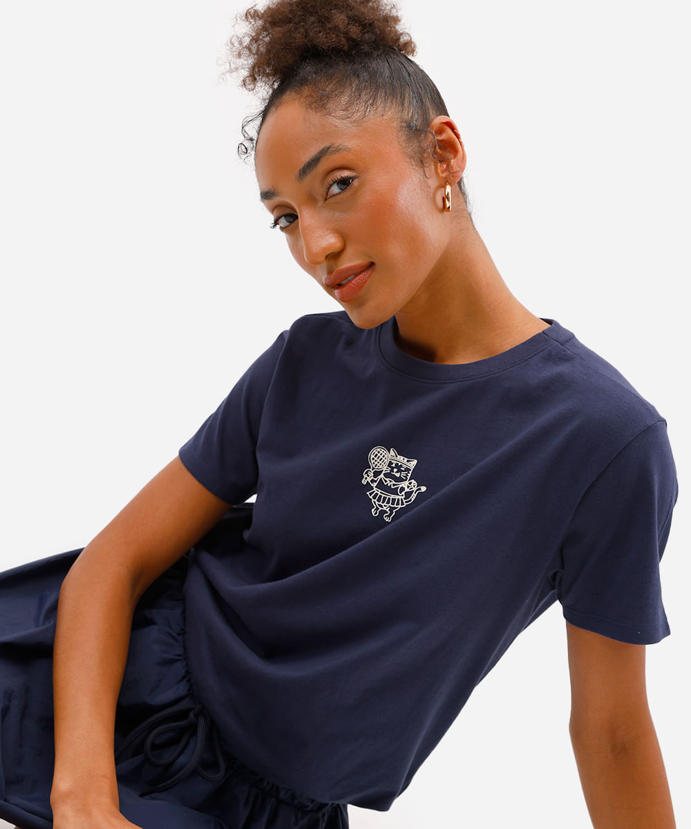 camiseta feminina de algodão gatinha tenista azul