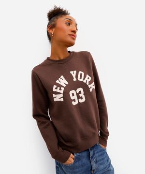 blusão feminino de moletom felpado new york - marrom