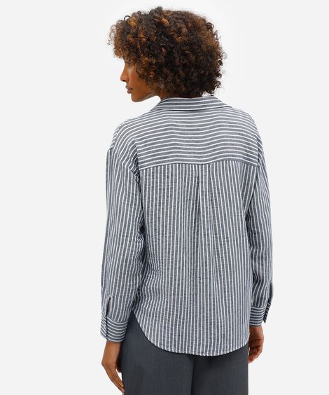 camisa feminina com linho manga longa listrada azul