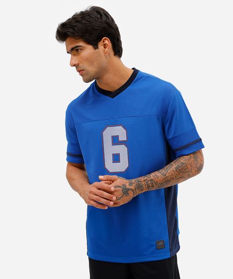 camiseta masculina esportiva texturizada gola v azul