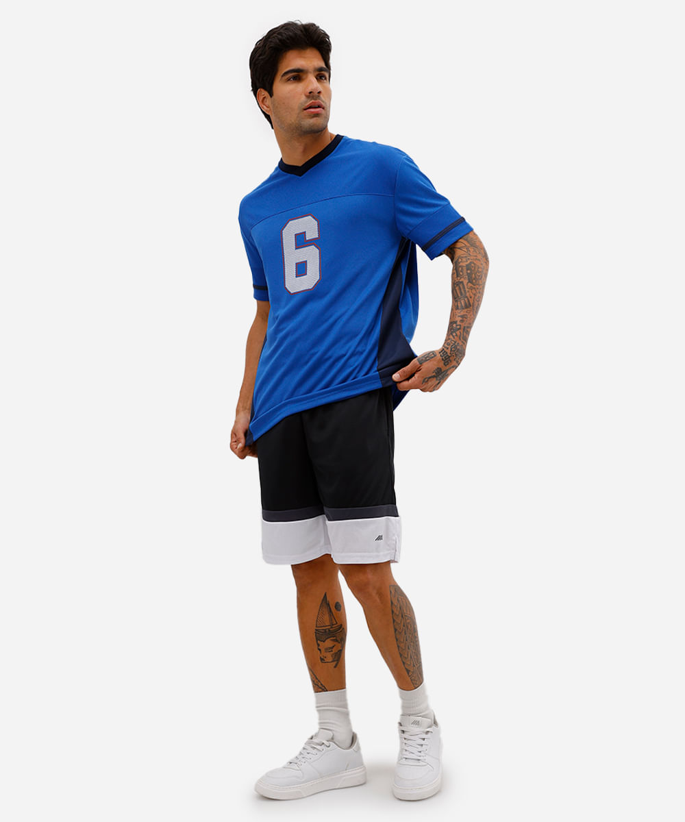 camiseta masculina esportiva texturizada gola v azul