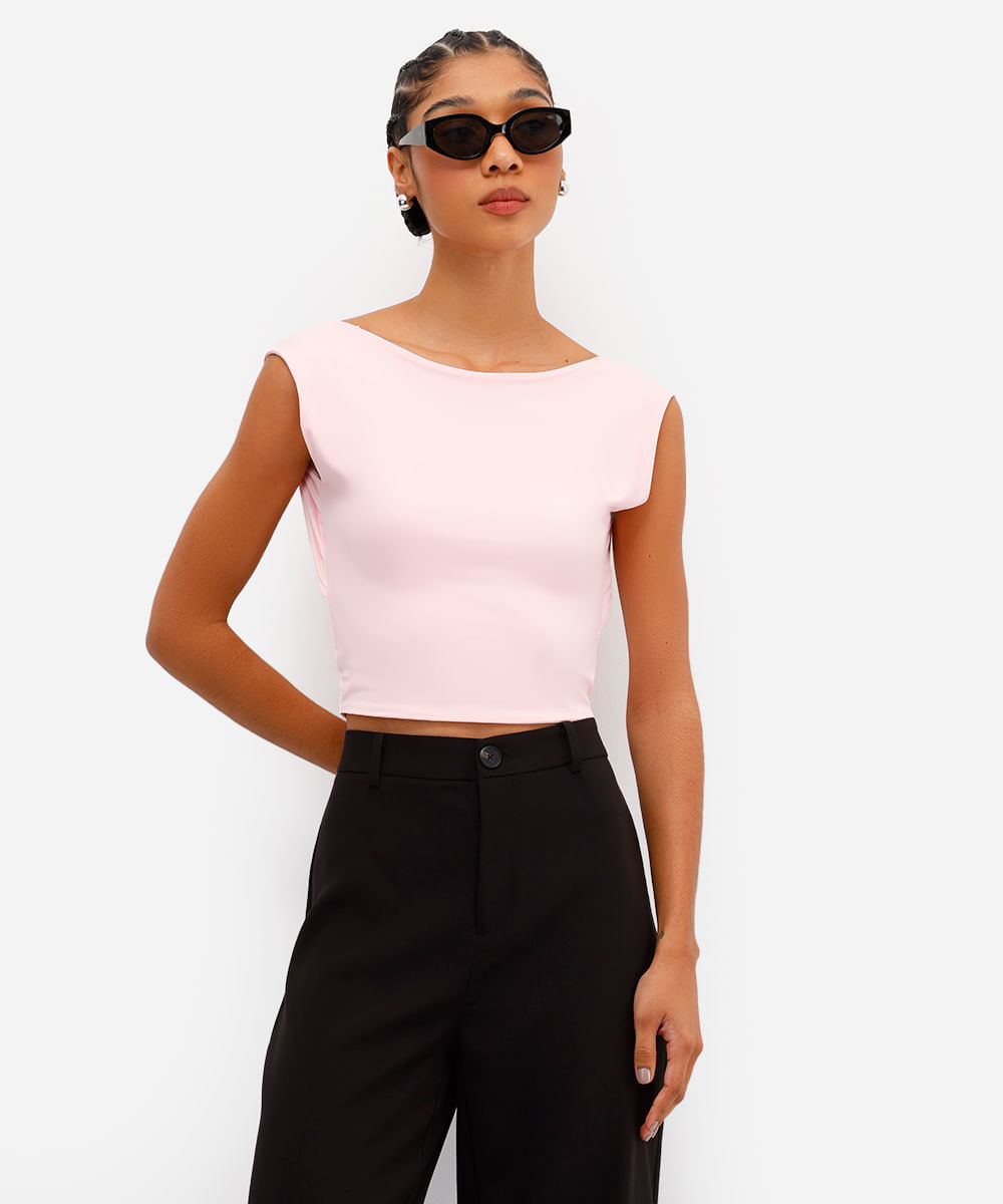 top feminino de poliamida decote nas costas rosa