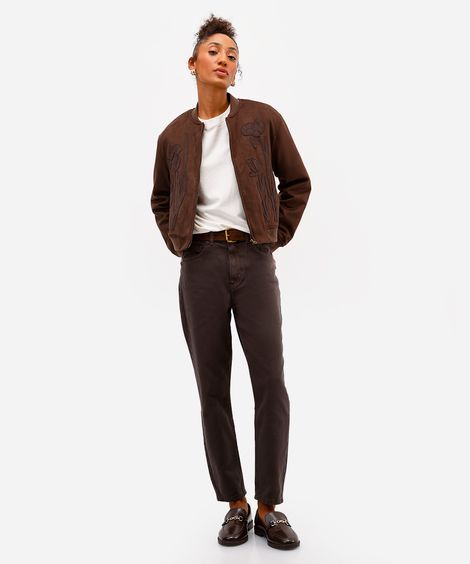 calça mom feminina de sarja cintura alta marrom