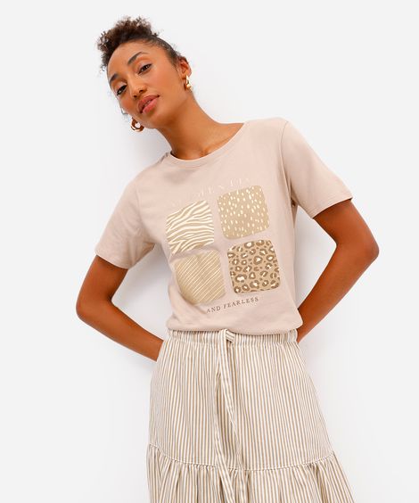 camiseta feminina de algodão animal print bege